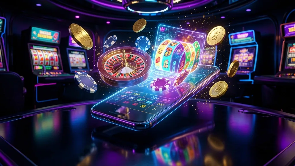 Glowing smartphone surrounded by holographic roulette, slot reels, chips, and coins