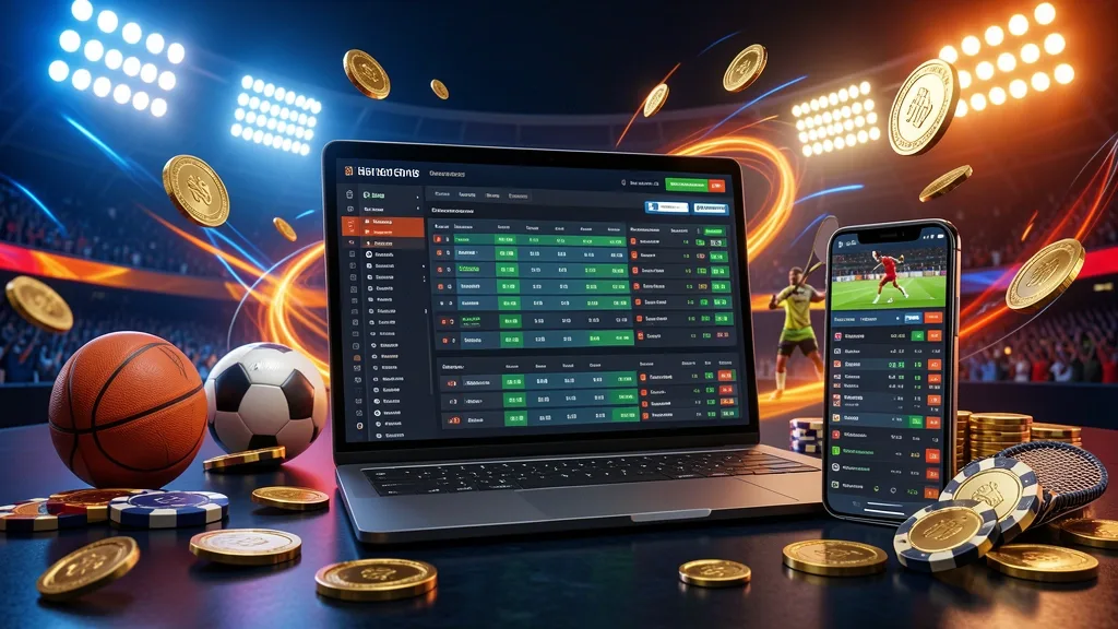 Laptop and smartphone displaying sports betting interfaces beside football, basketball, and tennis