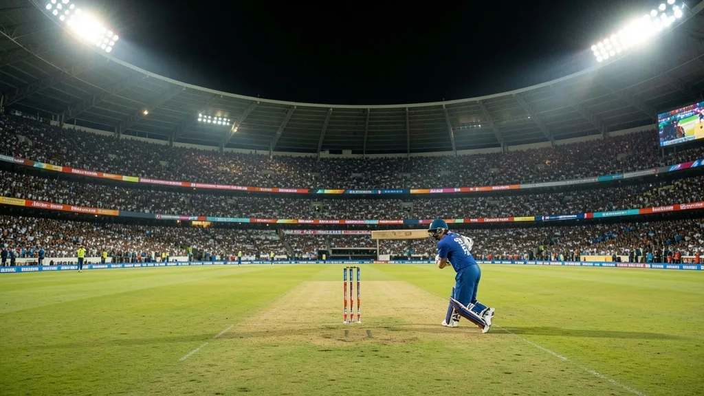 Cricket stadium at night with batsman ready under bright floodlights