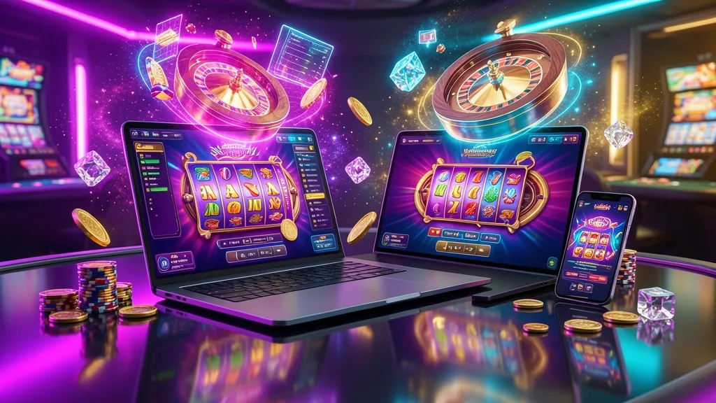 Laptop and smartphone displaying colorful online casino games and floating chips