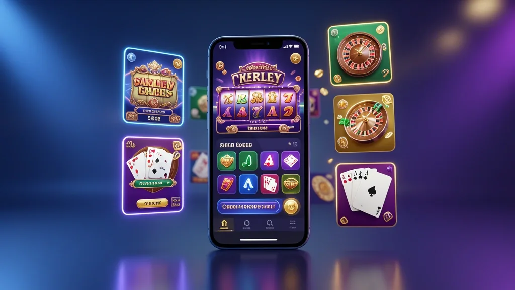 Smartphone displaying mobile casino game tiles, roulette, poker, and bonus graphics