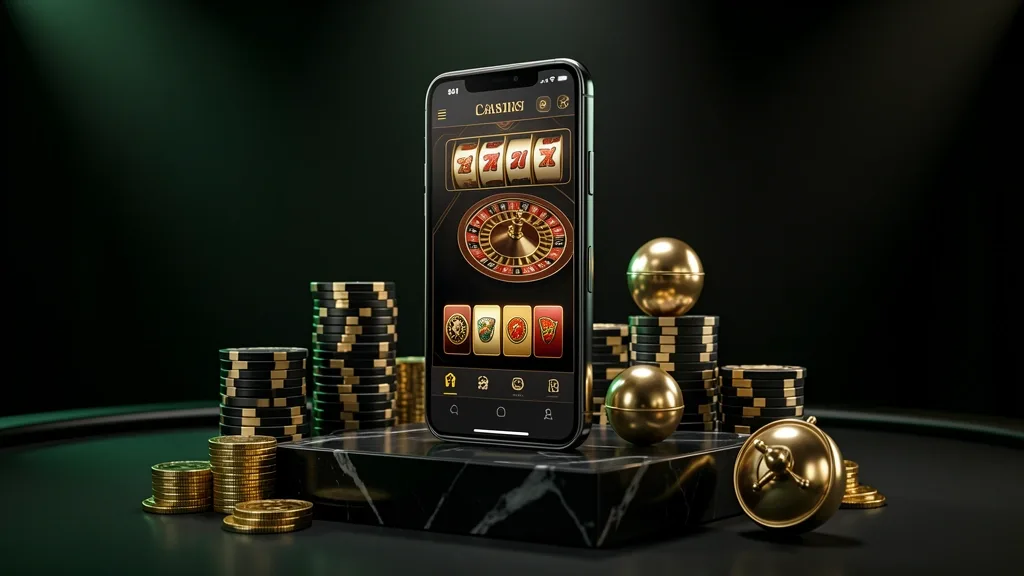 Luxury smartphone casino app on marble pedestal with chips and roulette ball