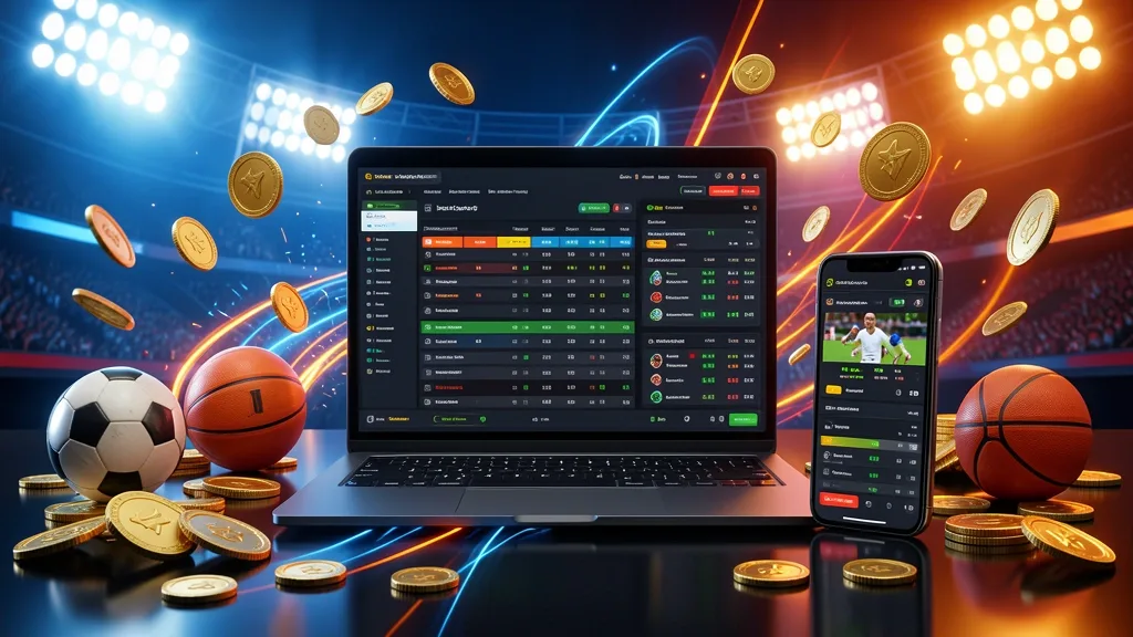 Laptop and smartphone displaying sports betting interfaces beside football, basketball, and tennis