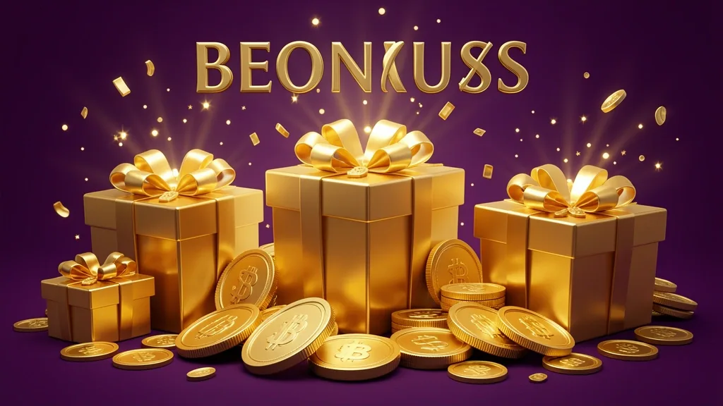 Golden coins and gift boxes bursting with light on purple background