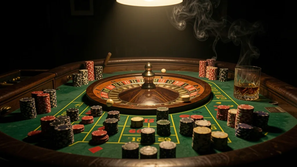 Roulette table with spinning wheel, chips, whiskey, and cigar smoke