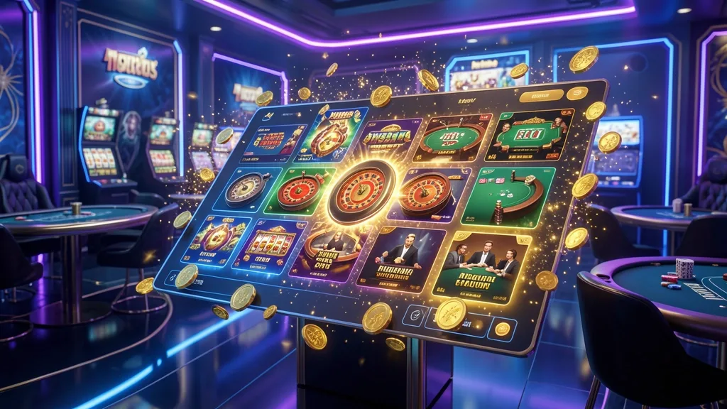 Online casino lobby showing floating tiles for slots, roulette, poker, and live games