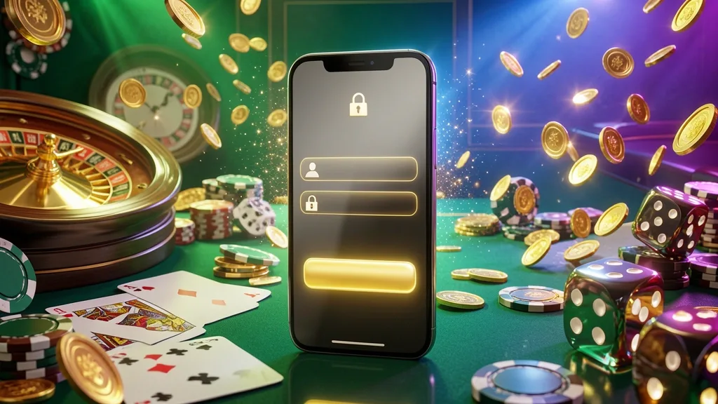 Smartphone displaying casino login interface surrounded by chips, cards, dice, and coins