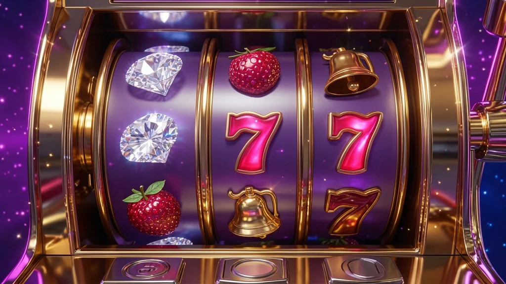 Golden slot machine reels showing diamonds, fruits, bells, and sevens