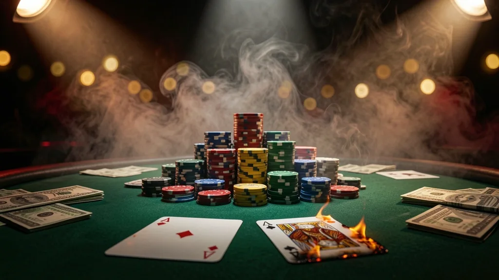 Texas Hold'em table with aces, chips, cash, and burning card