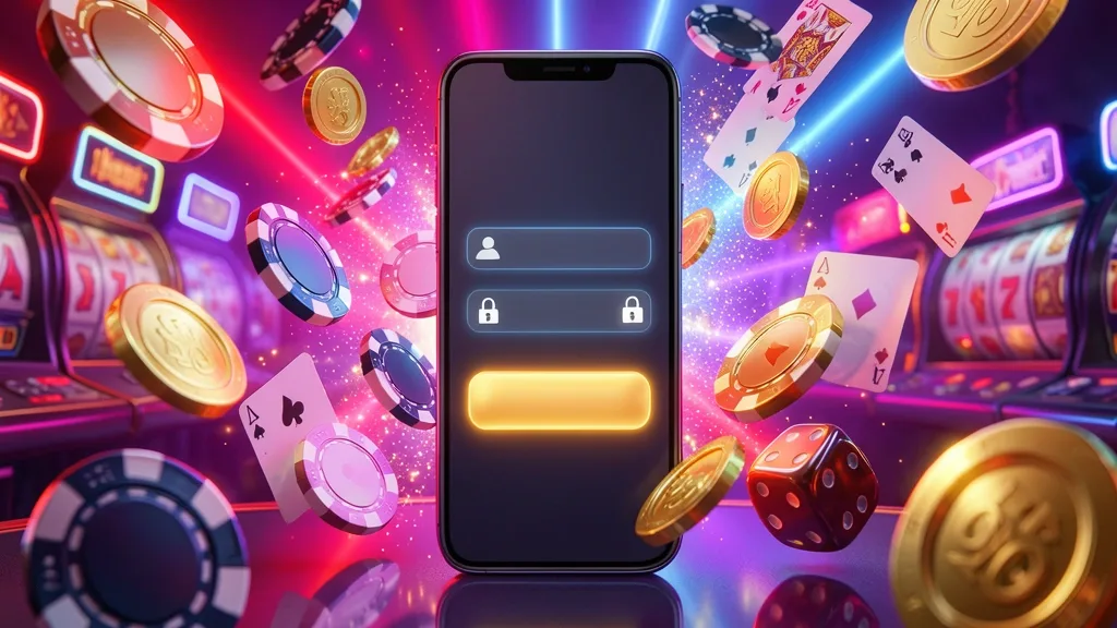 Neon casino login smartphone surrounded by poker chips, coins, cards, and dice