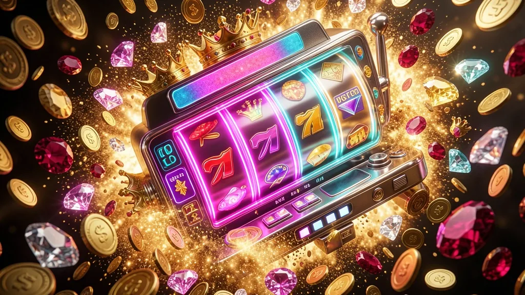 Futuristic slot machine surrounded by coins, gemstones, crowns, and neon lights